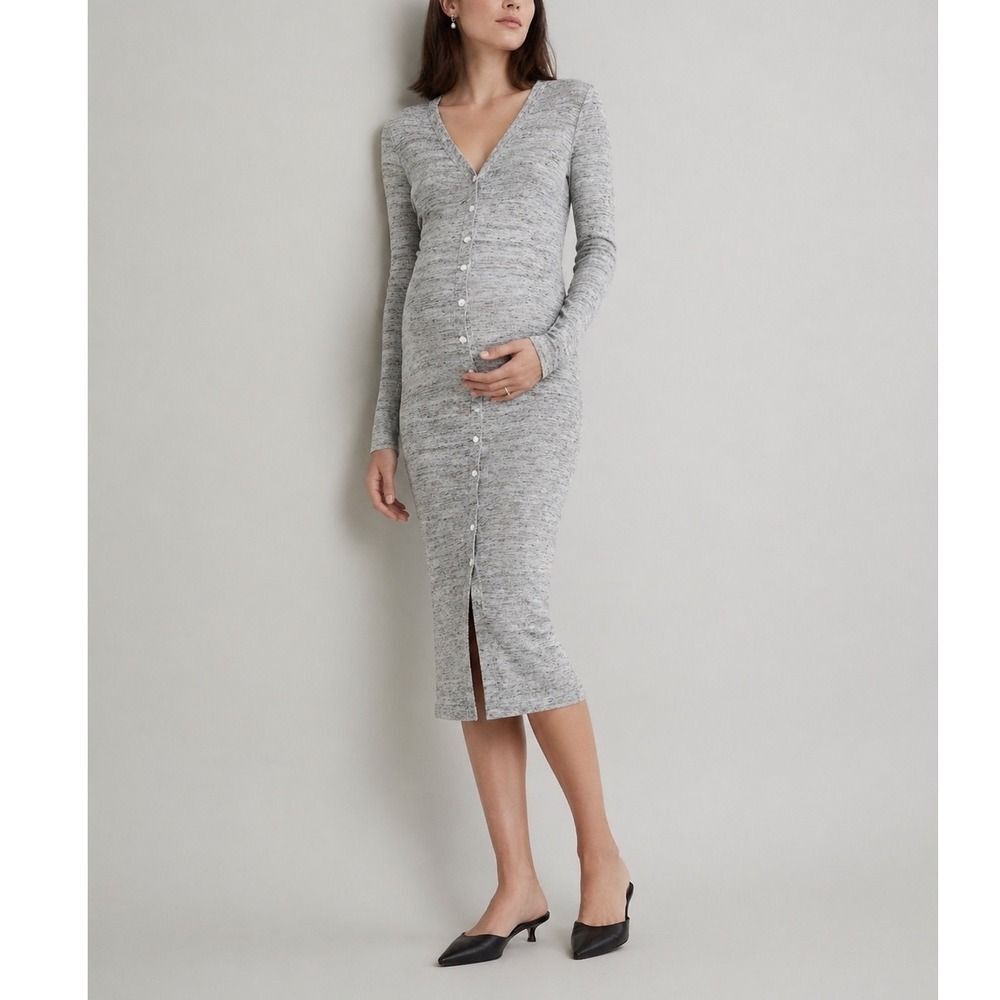 Hatch Harper Cardigan Dress Women's Medium Pearl Grey Ribbed Button Front